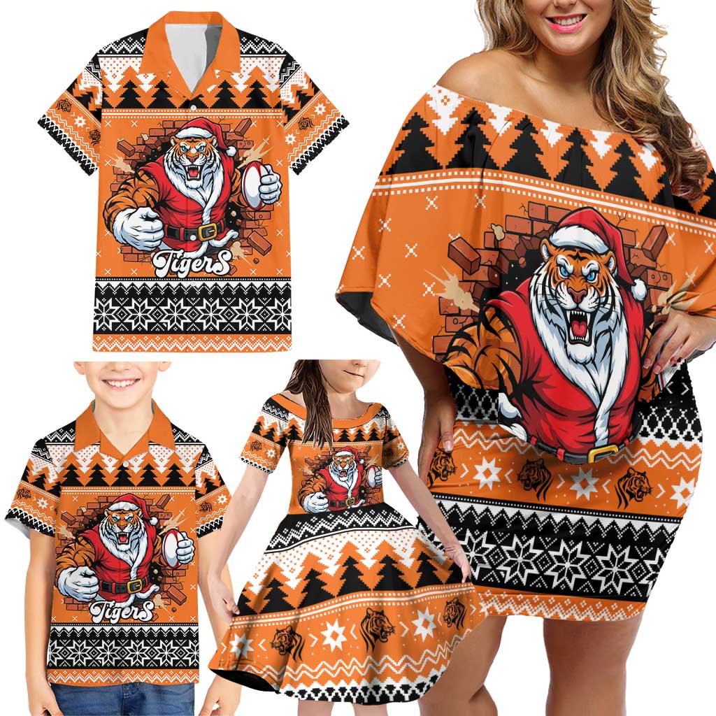 Santa Tiger Roar Personalized Family Matching Off Shoulder Short Dress and Hawaiian Shirt Christmas Rugby League Spirit - Aussie Hoodie