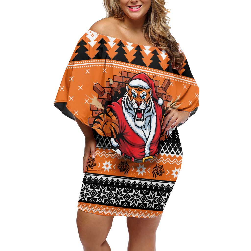 Santa Tiger Roar Personalized Family Matching Off Shoulder Short Dress and Hawaiian Shirt Christmas Rugby League Spirit - Aussie Hoodie