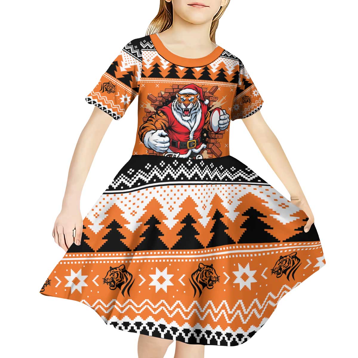 Santa Tiger Roar Personalized Kid Short Sleeve Dress Christmas Rugby League Spirit - Aussie Hoodie