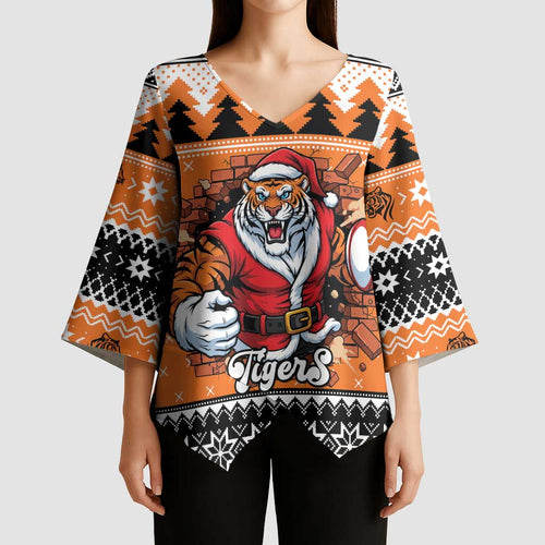 Santa Tiger Roar Personalized Kimono Sleeve Blouse Christmas Rugby League Spirit - Aussie Hoodie