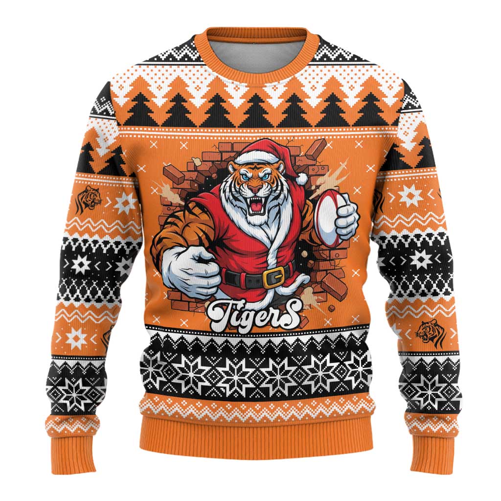 Santa Tiger Roar Personalized Ugly Christmas Sweater Christmas Rugby League Spirit - Aussie Hoodie