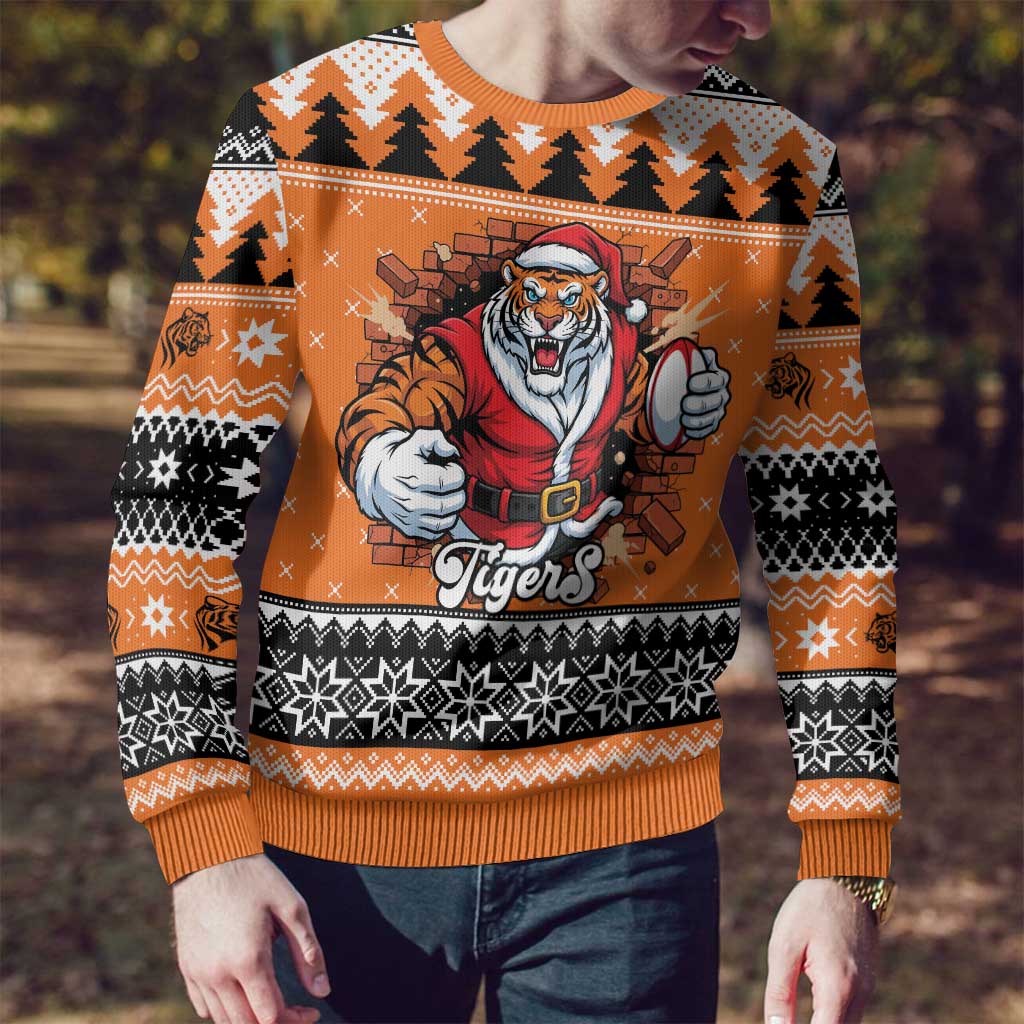 Santa Tiger Roar Personalized Ugly Christmas Sweater Christmas Rugby League Spirit - Aussie Hoodie
