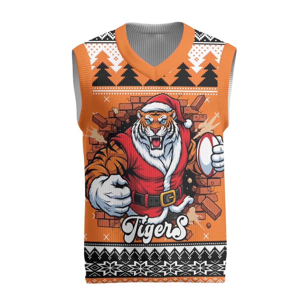 Santa Tiger Roar Personalized Christmas Knitted V-Neck Vest Christmas Rugby League Spirit - Aussie Hoodie