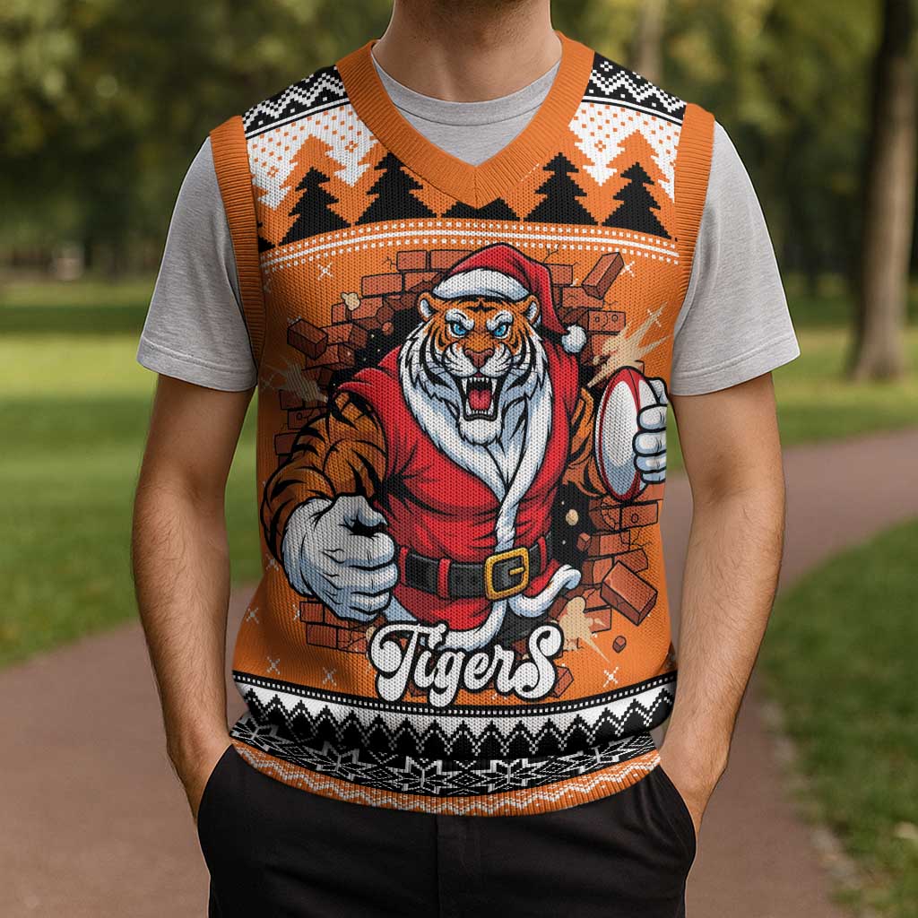 Santa Tiger Roar Personalized Christmas Knitted V-Neck Vest Christmas Rugby League Spirit - Aussie Hoodie