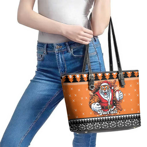 Santa Tiger Roar Personalized Leather Tote Bag Christmas Rugby League Spirit - Aussie Hoodie