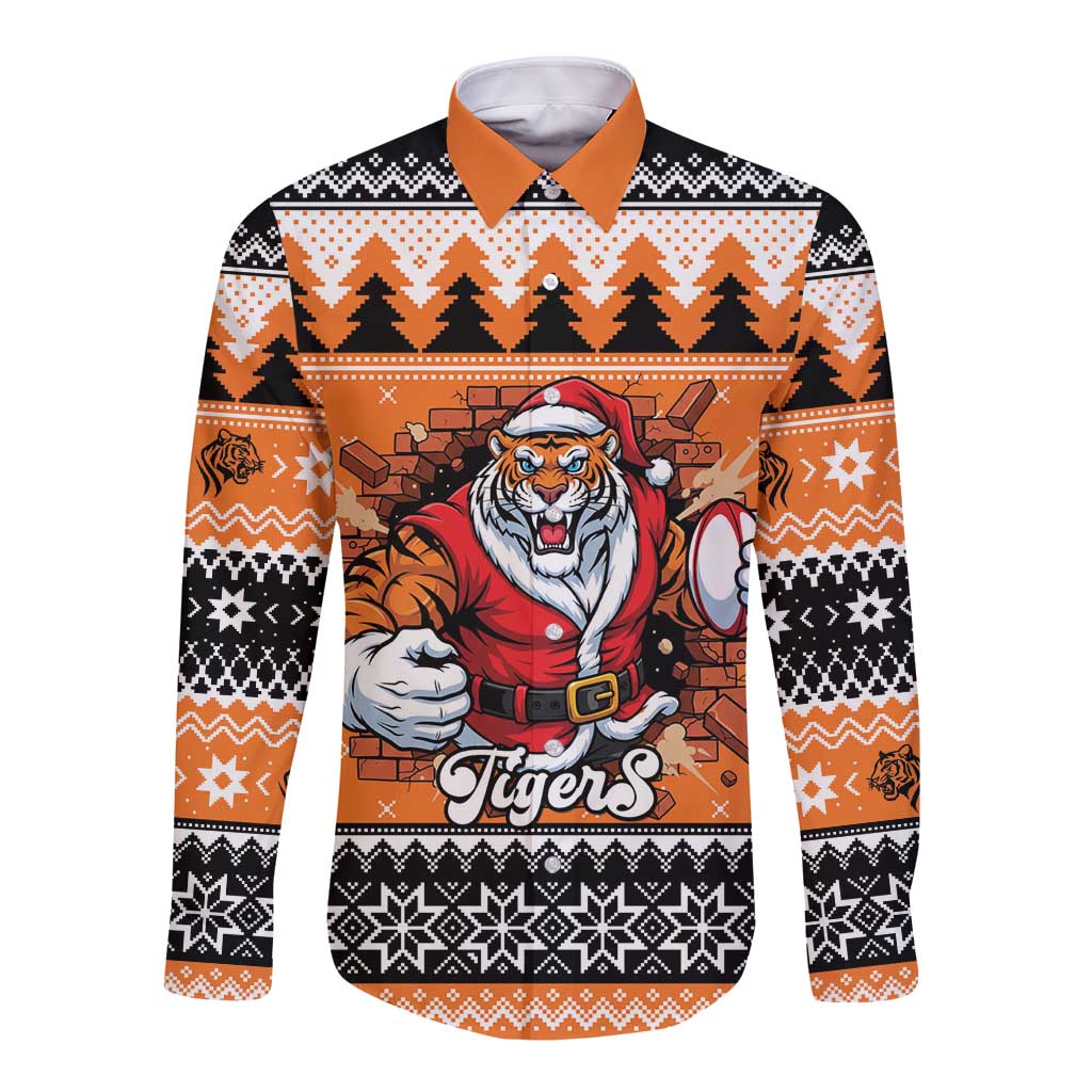 Santa Tiger Roar Personalized Long Sleeve Button Shirt Christmas Rugby League Spirit - Aussie Hoodie