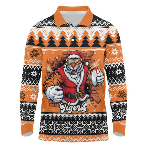 Santa Tiger Roar Personalized Long Sleeve Polo Shirt Christmas Rugby League Spirit - Aussie Hoodie