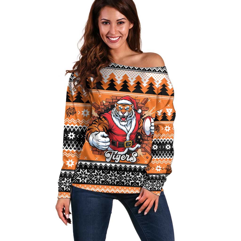 Santa Tiger Roar Personalized Off Shoulder Sweater Christmas Rugby League Spirit - Aussie Hoodie