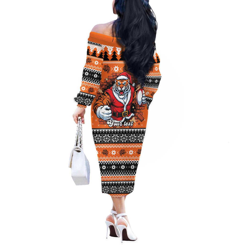 Santa Tiger Roar Personalized Off The Shoulder Long Sleeve Dress Christmas Rugby League Spirit - Aussie Hoodie