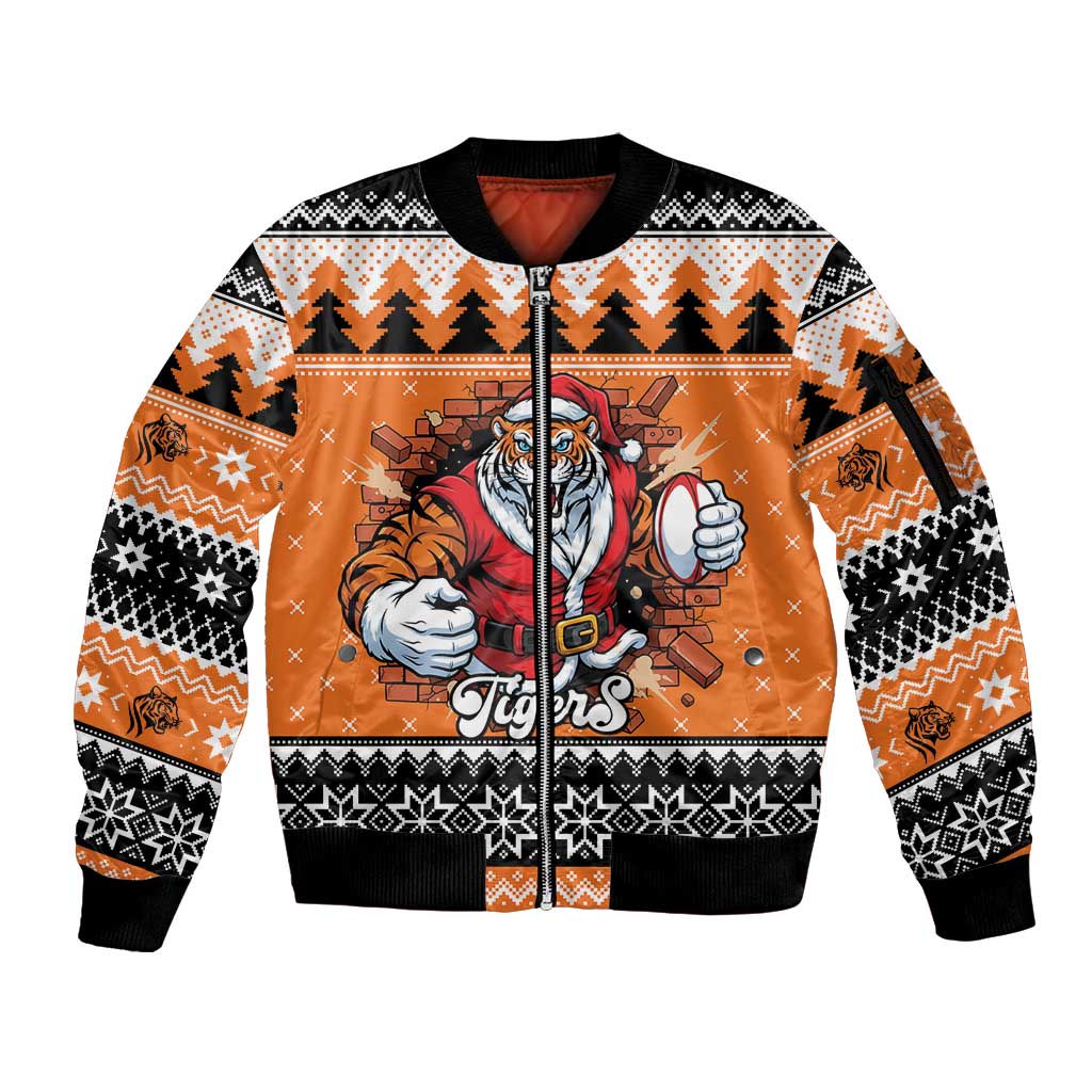 Santa Tiger Roar Personalized Sleeve Zip Bomber Jacket Christmas Rugby League Spirit - Aussie Hoodie