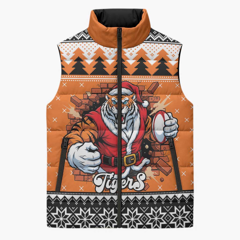 Santa Tiger Roar Personalized Sleeveless Puffer Jacket Christmas Rugby League Spirit - Aussie Hoodie