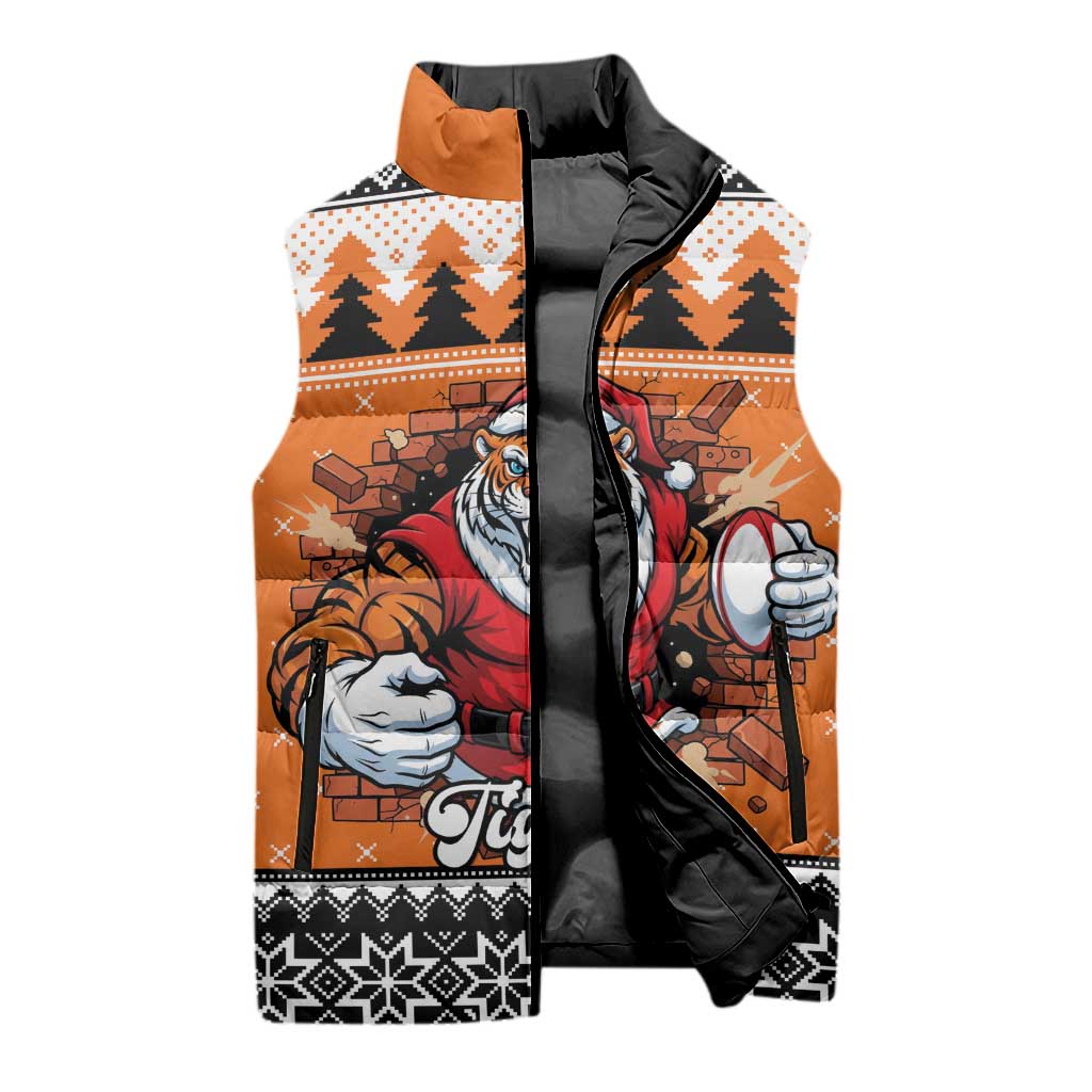 Santa Tiger Roar Personalized Sleeveless Puffer Jacket Christmas Rugby League Spirit - Aussie Hoodie
