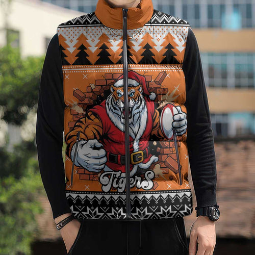Santa Tiger Roar Personalized Sleeveless Puffer Jacket Christmas Rugby League Spirit - Aussie Hoodie
