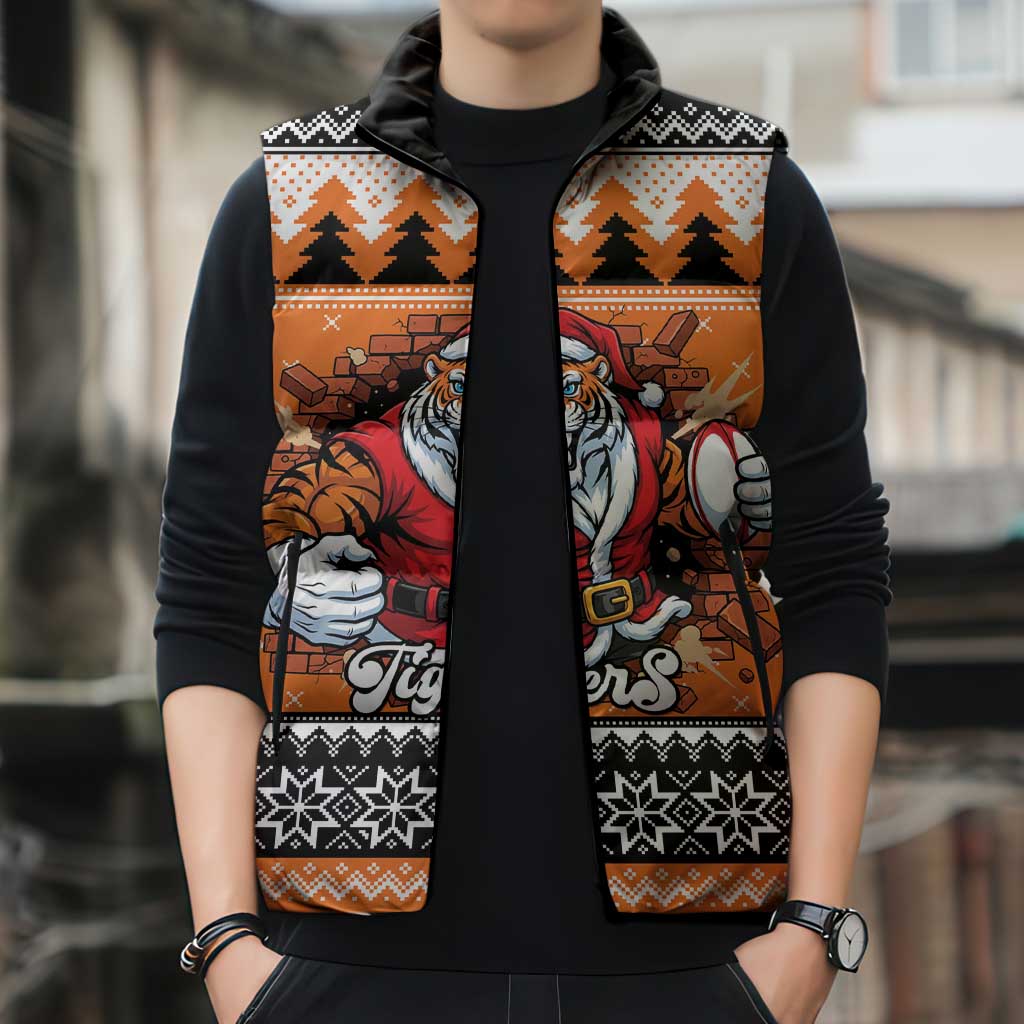 Santa Tiger Roar Personalized Sleeveless Puffer Jacket Christmas Rugby League Spirit - Aussie Hoodie