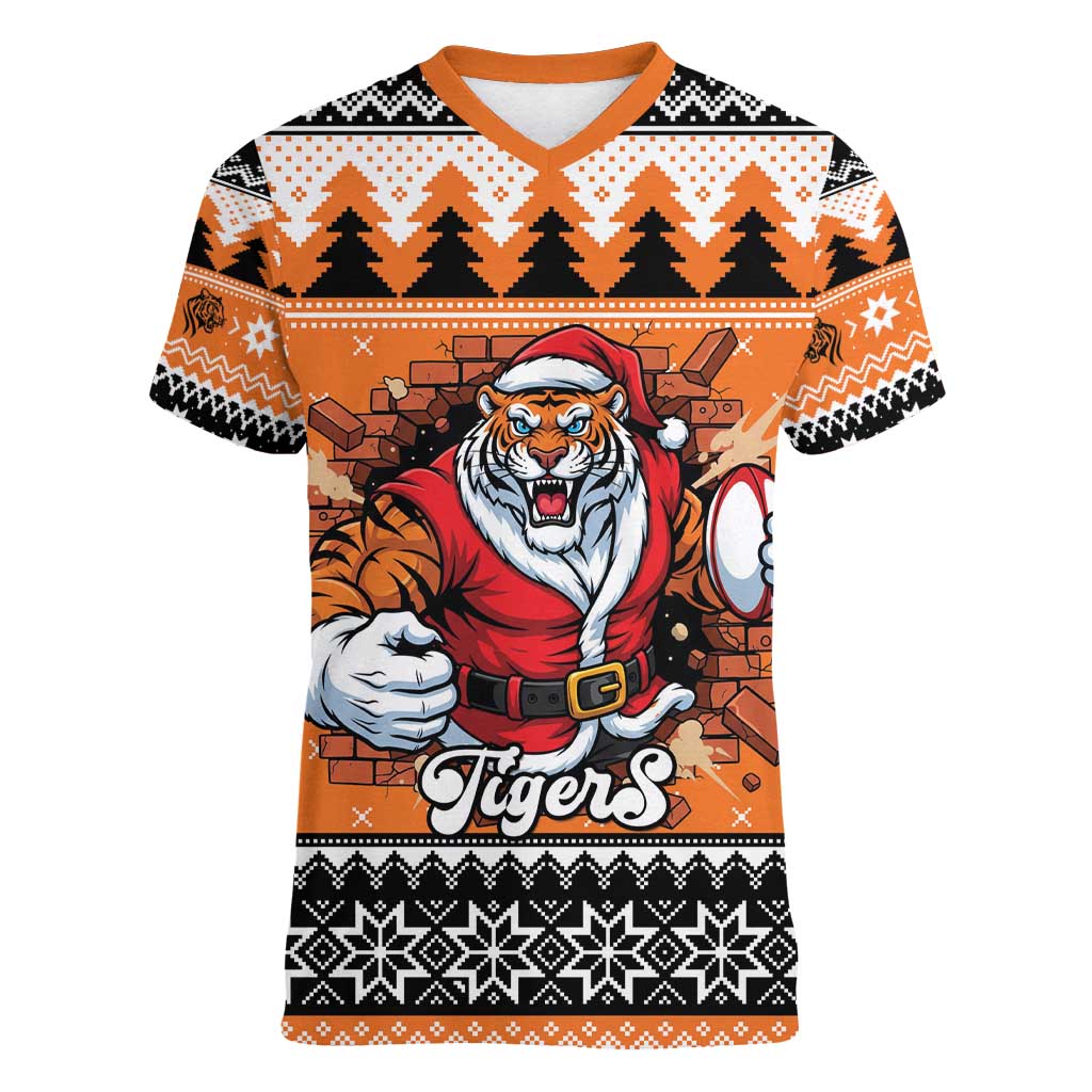 Santa Tiger Roar Personalized Women V-Neck T-Shirt Christmas Rugby League Spirit - Aussie Hoodie