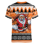 Santa Tiger Roar Personalized Women V-Neck T-Shirt Christmas Rugby League Spirit - Aussie Hoodie