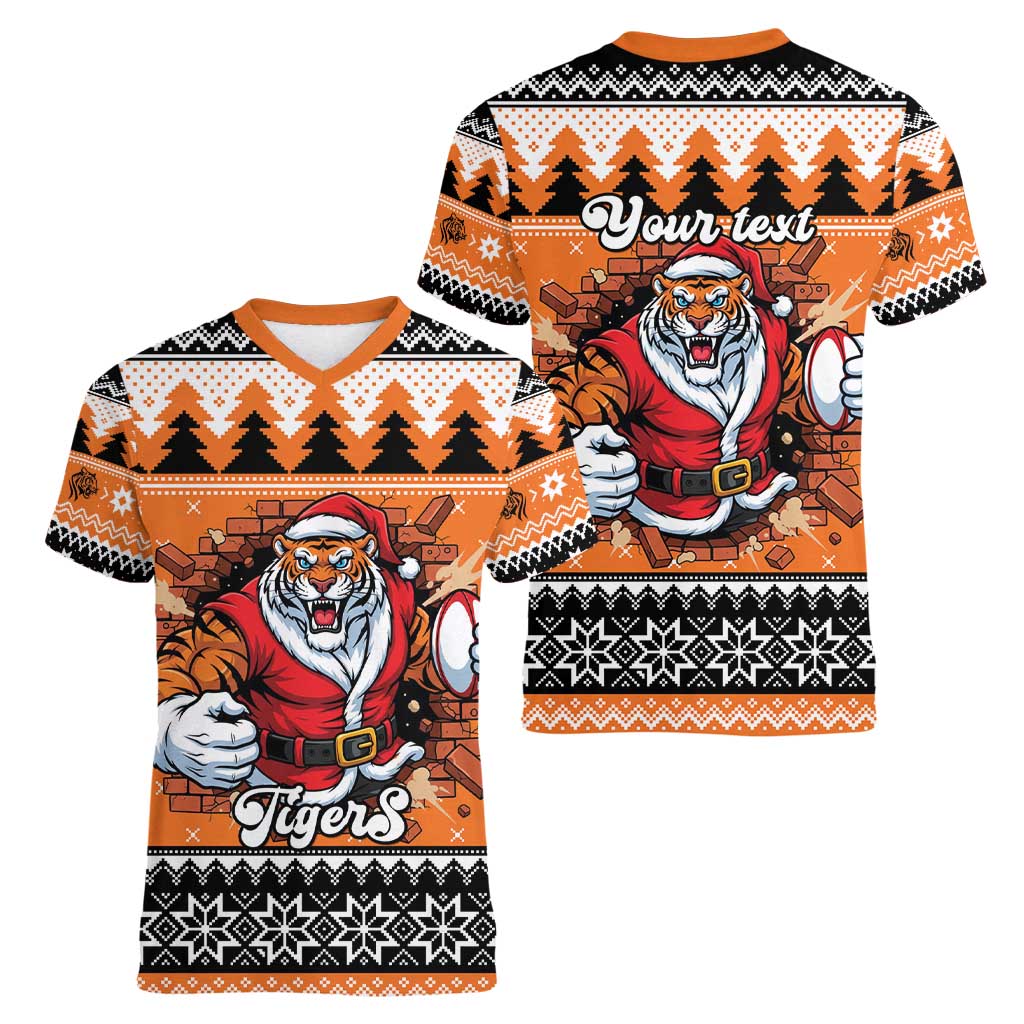 Santa Tiger Roar Personalized Women V-Neck T-Shirt Christmas Rugby League Spirit - Aussie Hoodie