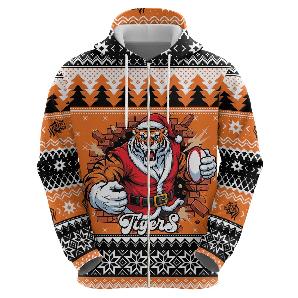 Santa Tiger Roar Personalized Zip Hoodie Christmas Rugby League Spirit - Aussie Hoodie