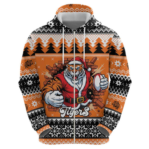 Santa Tiger Roar Personalized Zip Hoodie Christmas Rugby League Spirit - Aussie Hoodie