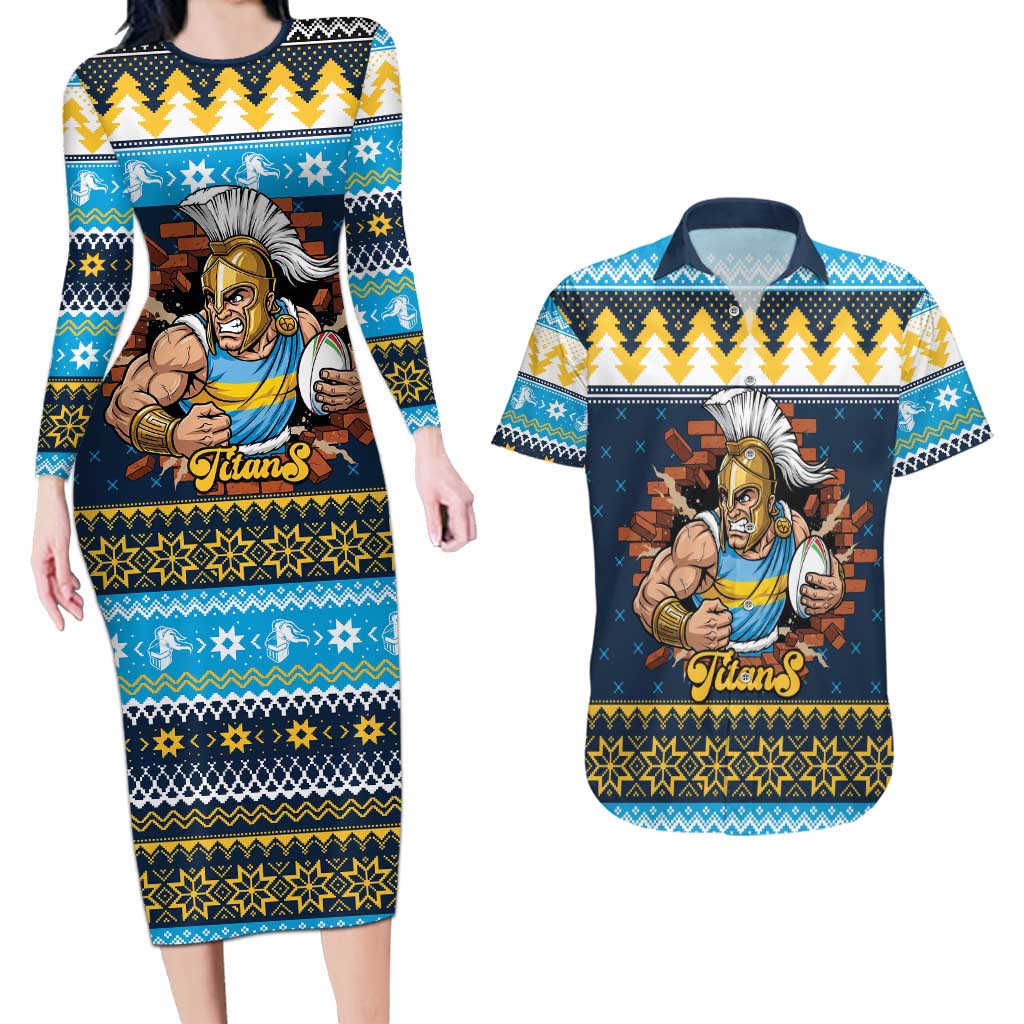 Santa’s Titan Warrior Personalized Couples Matching Long Sleeve Bodycon Dress and Hawaiian Shirt Christmas Rugby League Spirit - Aussie Hoodie
