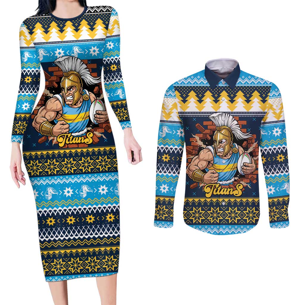 Santa’s Titan Warrior Personalized Couples Matching Long Sleeve Bodycon Dress and Long Sleeve Button Shirt Christmas Rugby League Spirit - Aussie Hoodie