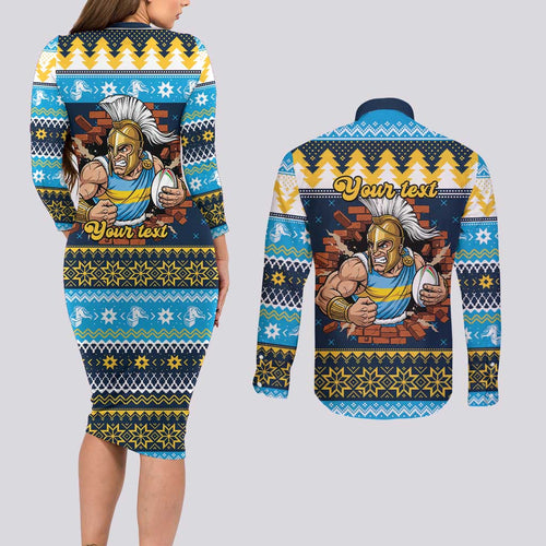 Santa’s Titan Warrior Personalized Couples Matching Long Sleeve Bodycon Dress and Long Sleeve Button Shirt Christmas Rugby League Spirit - Aussie Hoodie