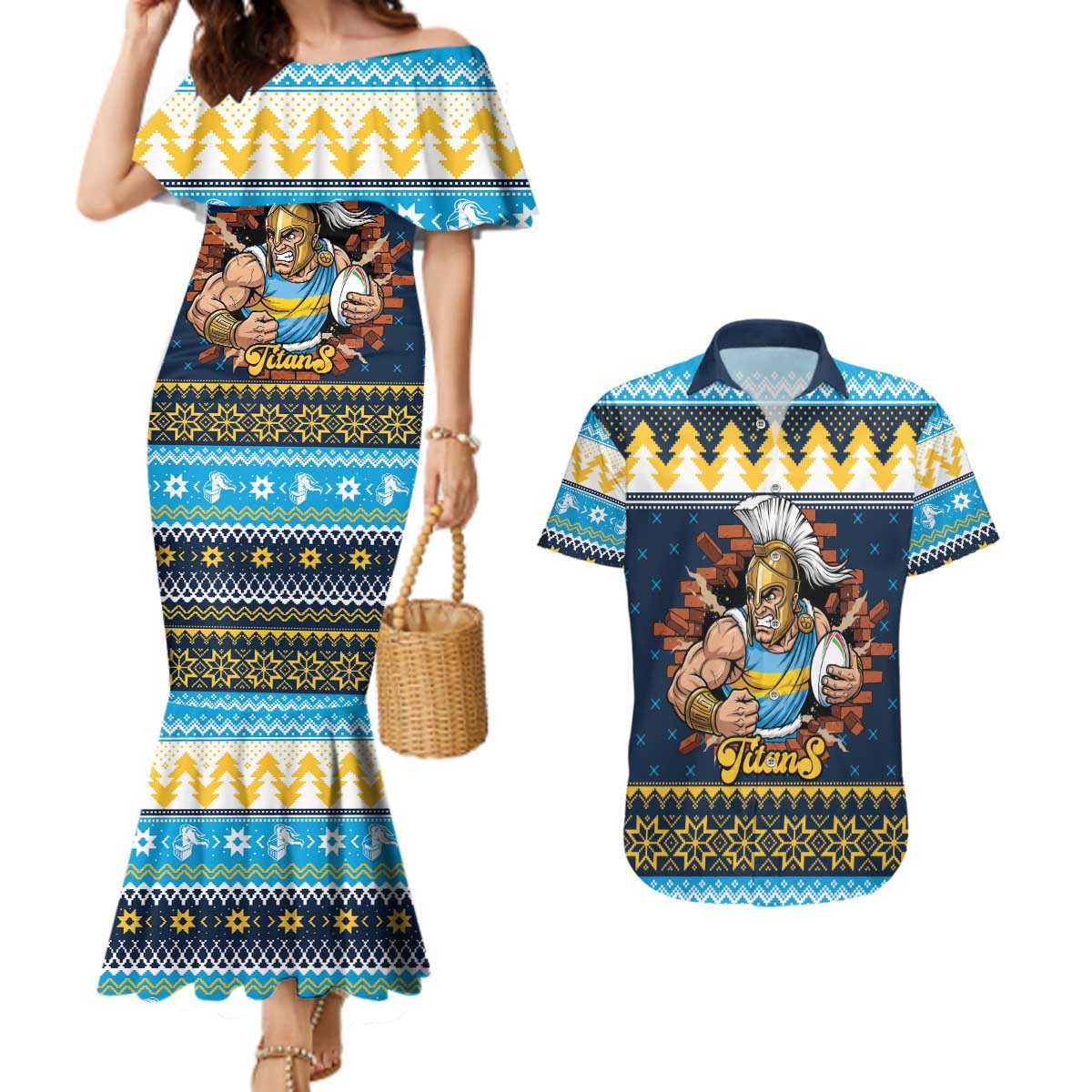 Santa’s Titan Warrior Personalized Couples Matching Mermaid Dress and Hawaiian Shirt Christmas Rugby League Spirit - Aussie Hoodie