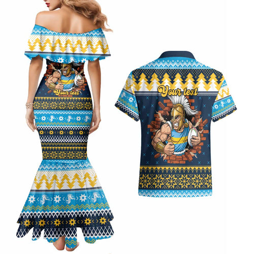 Santa’s Titan Warrior Personalized Couples Matching Mermaid Dress and Hawaiian Shirt Christmas Rugby League Spirit - Aussie Hoodie