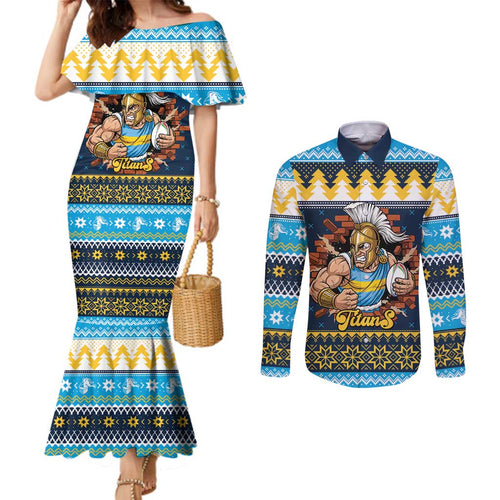 Santa’s Titan Warrior Personalized Couples Matching Mermaid Dress and Long Sleeve Button Shirt Christmas Rugby League Spirit - Aussie Hoodie