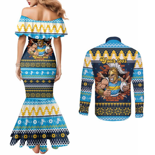 Santa’s Titan Warrior Personalized Couples Matching Mermaid Dress and Long Sleeve Button Shirt Christmas Rugby League Spirit - Aussie Hoodie