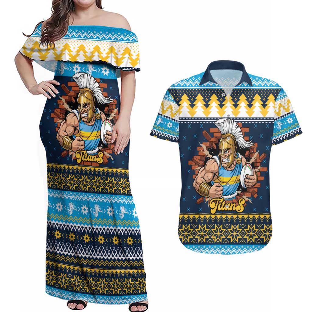 Santa’s Titan Warrior Personalized Couples Matching Off Shoulder Maxi Dress and Hawaiian Shirt Christmas Rugby League Spirit - Aussie Hoodie
