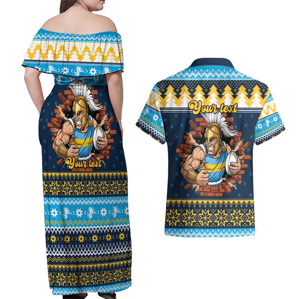 Santa’s Titan Warrior Personalized Couples Matching Off Shoulder Maxi Dress and Hawaiian Shirt Christmas Rugby League Spirit - Aussie Hoodie