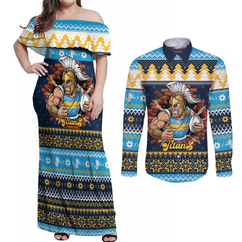 Santa’s Titan Warrior Personalized Couples Matching Off Shoulder Maxi Dress and Long Sleeve Button Shirt Christmas Rugby League Spirit - Aussie Hoodie