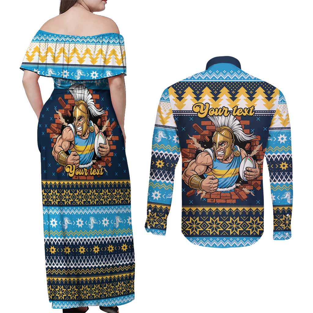 Santa’s Titan Warrior Personalized Couples Matching Off Shoulder Maxi Dress and Long Sleeve Button Shirt Christmas Rugby League Spirit - Aussie Hoodie