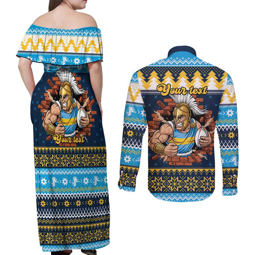 Santa’s Titan Warrior Personalized Couples Matching Off Shoulder Maxi Dress and Long Sleeve Button Shirt Christmas Rugby League Spirit - Aussie Hoodie