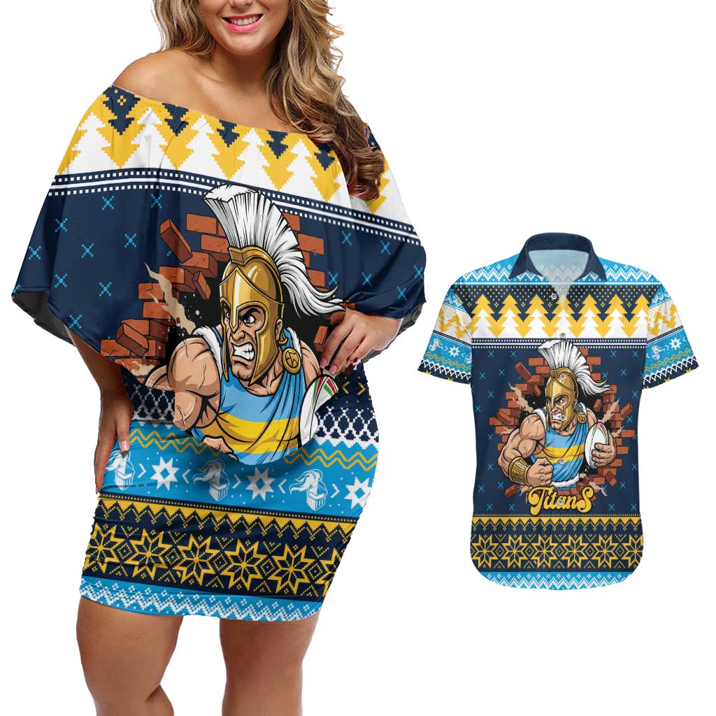 Santa’s Titan Warrior Personalized Couples Matching Off Shoulder Short Dress and Hawaiian Shirt Christmas Rugby League Spirit - Aussie Hoodie