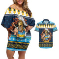Santa’s Titan Warrior Personalized Couples Matching Off Shoulder Short Dress and Hawaiian Shirt Christmas Rugby League Spirit - Aussie Hoodie