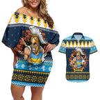 Santa’s Titan Warrior Personalized Couples Matching Off Shoulder Short Dress and Hawaiian Shirt Christmas Rugby League Spirit - Aussie Hoodie