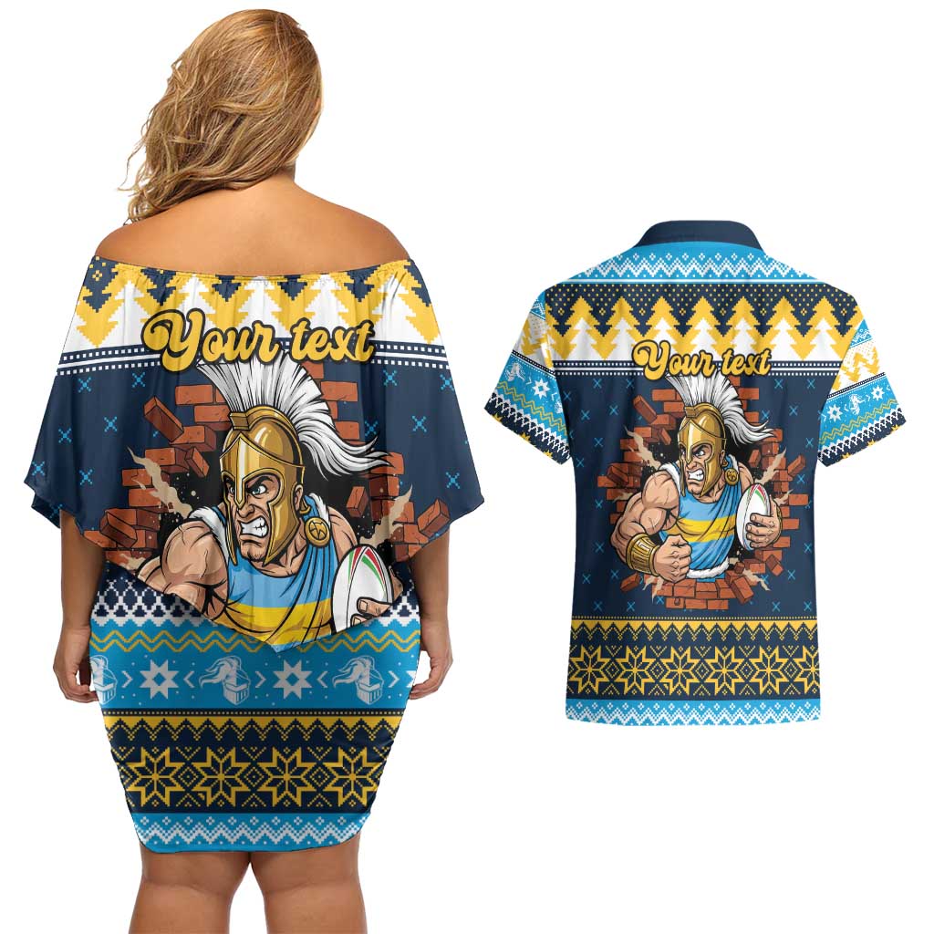 Santa’s Titan Warrior Personalized Couples Matching Off Shoulder Short Dress and Hawaiian Shirt Christmas Rugby League Spirit - Aussie Hoodie