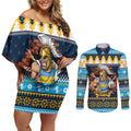 Santa’s Titan Warrior Personalized Couples Matching Off Shoulder Short Dress and Long Sleeve Button Shirt Christmas Rugby League Spirit - Aussie Hoodie