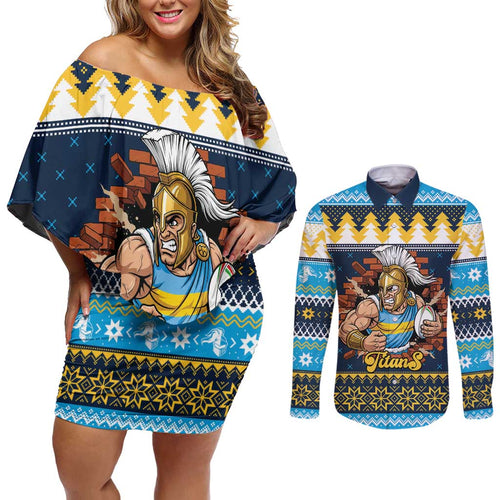 Santa’s Titan Warrior Personalized Couples Matching Off Shoulder Short Dress and Long Sleeve Button Shirt Christmas Rugby League Spirit - Aussie Hoodie