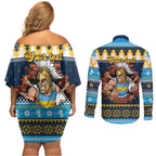Santa’s Titan Warrior Personalized Couples Matching Off Shoulder Short Dress and Long Sleeve Button Shirt Christmas Rugby League Spirit - Aussie Hoodie