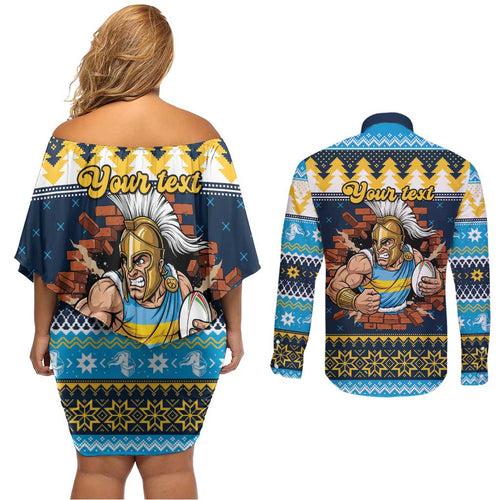 Santa’s Titan Warrior Personalized Couples Matching Off Shoulder Short Dress and Long Sleeve Button Shirt Christmas Rugby League Spirit - Aussie Hoodie