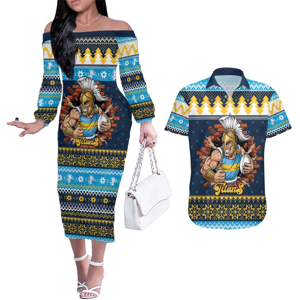 Santa’s Titan Warrior Personalized Couples Matching Off The Shoulder Long Sleeve Dress and Hawaiian Shirt Christmas Rugby League Spirit - Aussie Hoodie