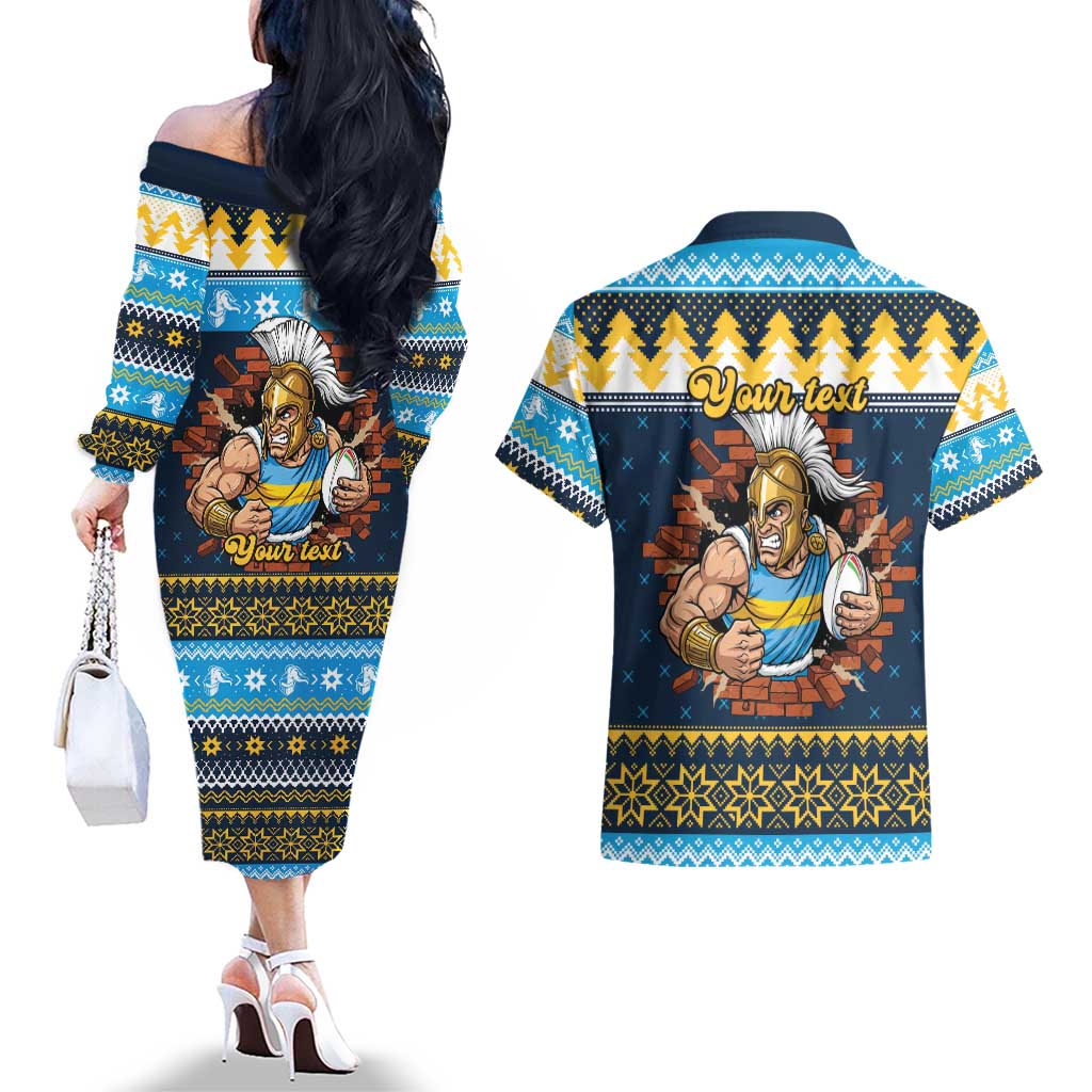 Santa’s Titan Warrior Personalized Couples Matching Off The Shoulder Long Sleeve Dress and Hawaiian Shirt Christmas Rugby League Spirit - Aussie Hoodie