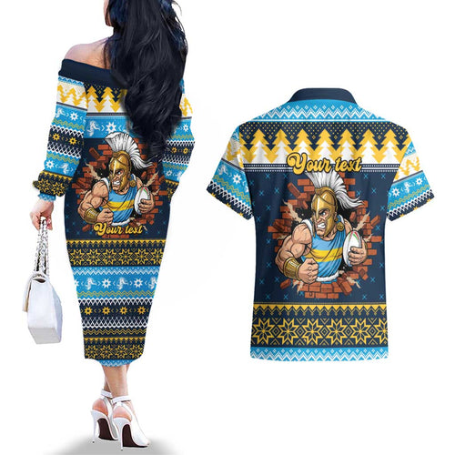 Santa’s Titan Warrior Personalized Couples Matching Off The Shoulder Long Sleeve Dress and Hawaiian Shirt Christmas Rugby League Spirit - Aussie Hoodie