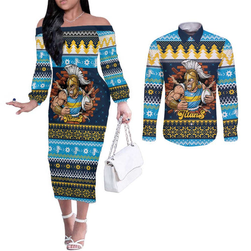 Santa’s Titan Warrior Personalized Couples Matching Off The Shoulder Long Sleeve Dress and Long Sleeve Button Shirt Christmas Rugby League Spirit - Aussie Hoodie