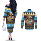 Santa’s Titan Warrior Personalized Couples Matching Off The Shoulder Long Sleeve Dress and Long Sleeve Button Shirt Christmas Rugby League Spirit - Aussie Hoodie