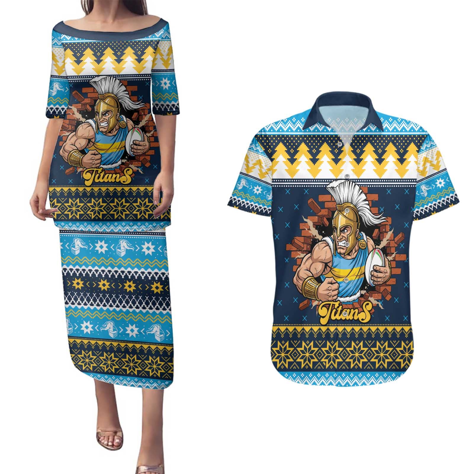 Santa’s Titan Warrior Personalized Couples Matching Puletasi and Hawaiian Shirt Christmas Rugby League Spirit - Aussie Hoodie