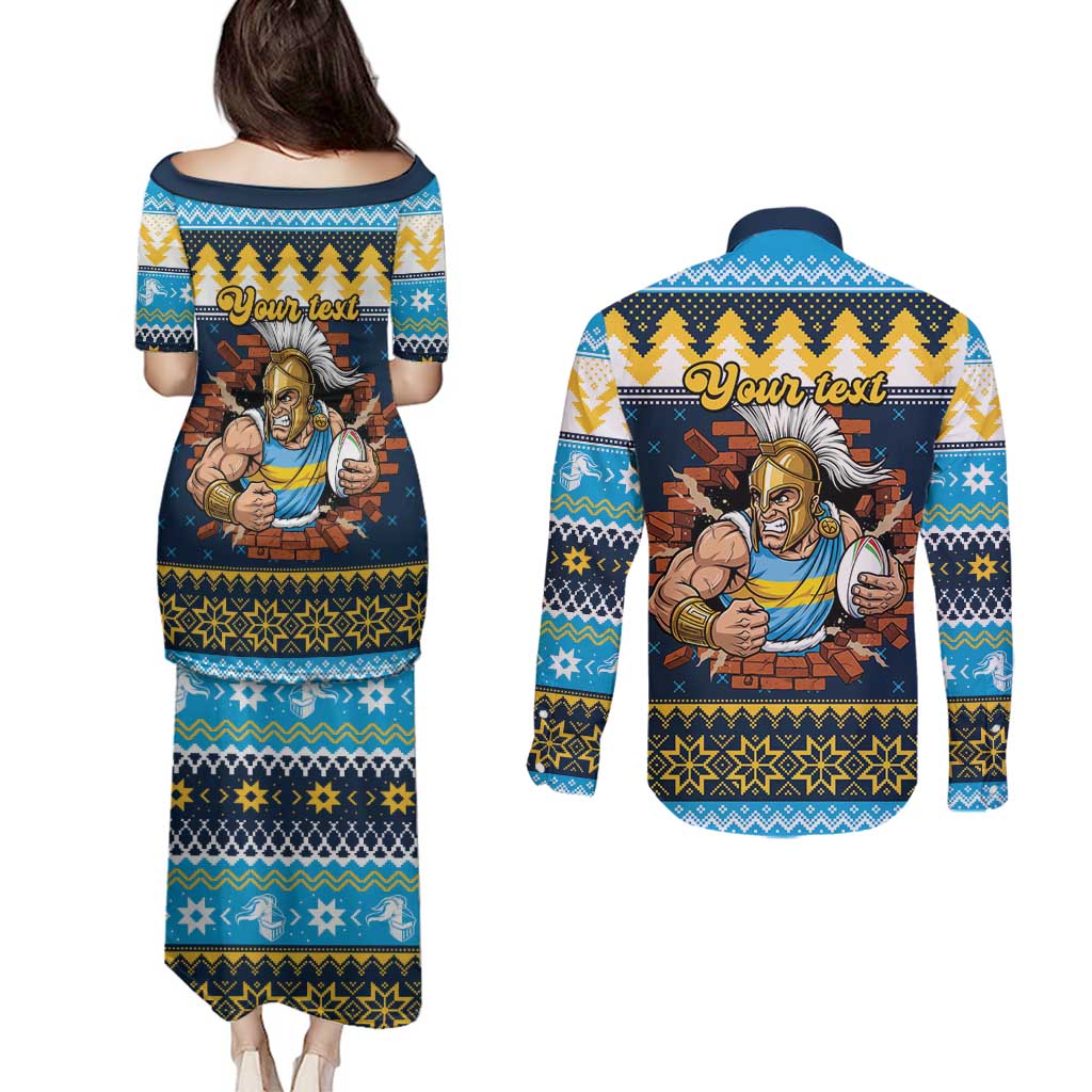 Santa’s Titan Warrior Personalized Couples Matching Puletasi and Long Sleeve Button Shirt Christmas Rugby League Spirit - Aussie Hoodie